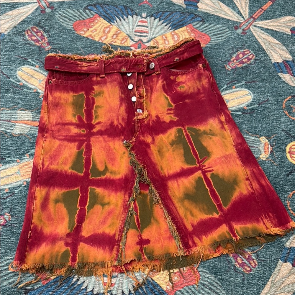 Ooak Designer J Bush Hollywood Tie-Dye Boho repurposed Levi’s Skirt 32 8